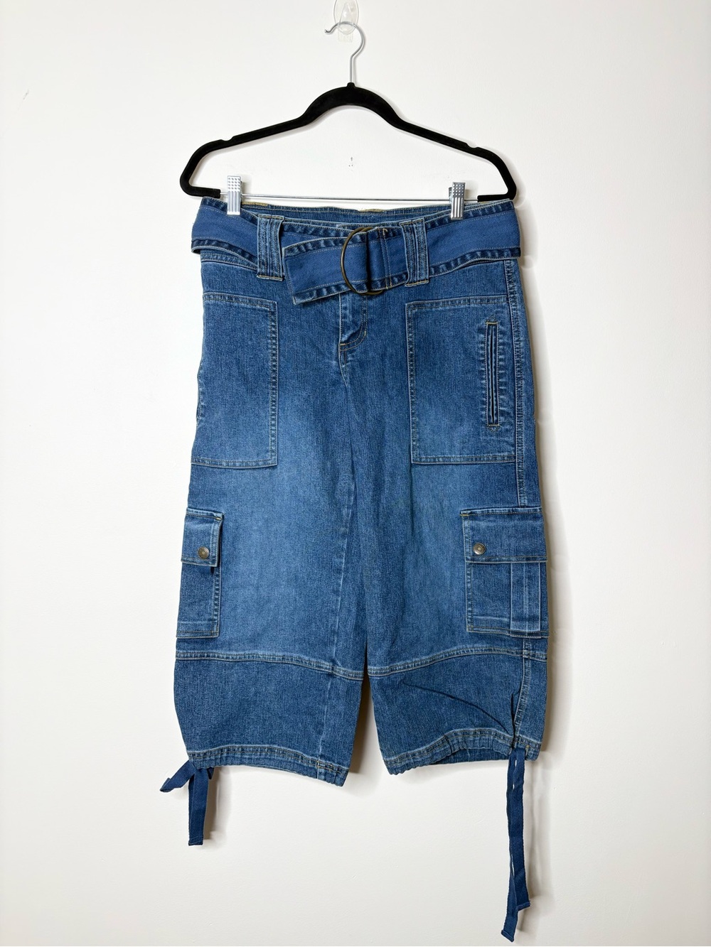Y2K No Boundaries Denim Jorts Capri Crop Jean Shorts Long Cargo Pockets